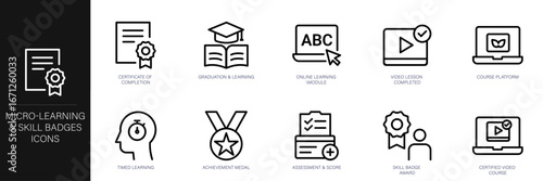 Micro-learning and Skill Badges Line Icon Set