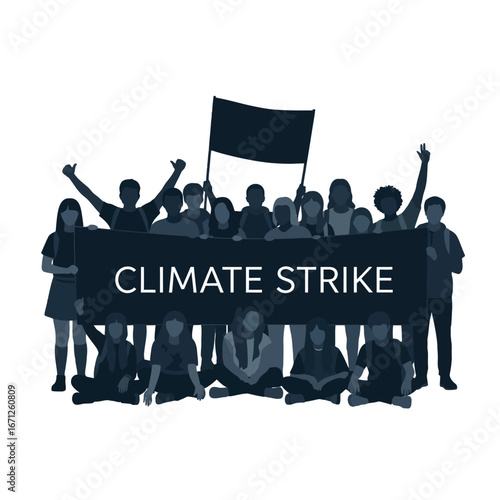 Diverse group of people united for climate action holding a "Climate Strike" banner with raised fists and a flag, symbolizing protest and environmental awareness.