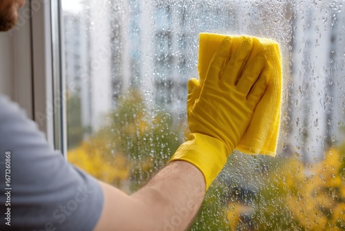 A person wearing yellow gloves cleans a window with a yellow cloth droplets visible