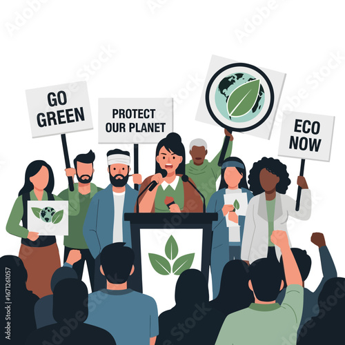 Passionate activist rallies crowd with powerful speech at eco-friendly protest demanding urgent climate action and planet protection, inspiring change.