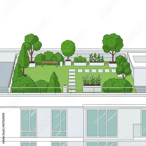 Discover serene urban oasis rooftop garden sanctuary with lush greenery, flowering plants, and a tranquil bench offering a peaceful escape with modern architectural elements.