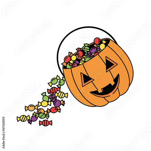 Joyful Halloween pumpkin spilling colorful candies, evoking festive spirit and trick-or-treat excitement for seasonal celebrations and promotions.