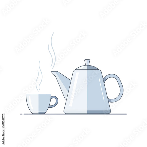 Enjoy a warm comforting cup of tea with steam rising from a classic white teapot and matching cup, perfect for cozy mornings and relaxing moments.
