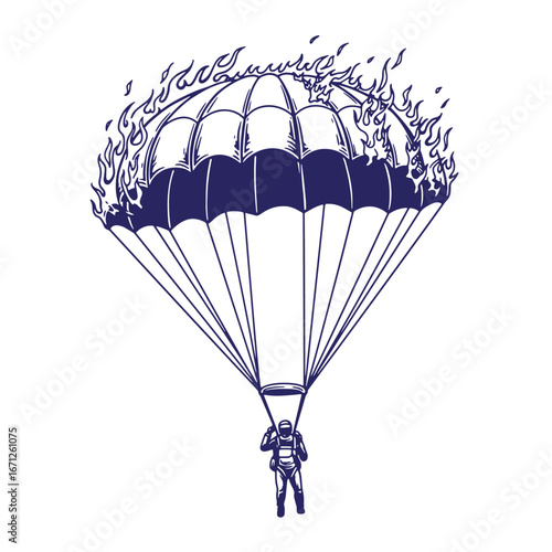 Burning parachute with a skydiver in descent danger and emergency landing concept