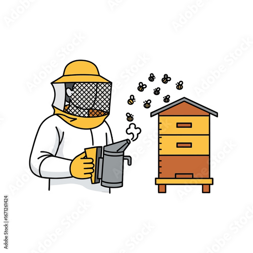 Expert beekeeper in protective gear calmly tending to a bustling beehive with gentle smoke, capturing the essence of natural honey production and apiary management.