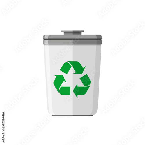Modern white recycling bin with prominent green recycle symbol, ideal for environmental campaigns and sustainable living concepts