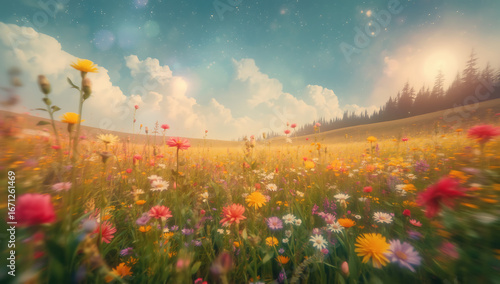 Ethereal dreamscape of a celestial meadow in soft focus, with VHS-like texture, vibrant colors, flora and fauna details, evoking nostalgia, harmony, and serene tranquility.