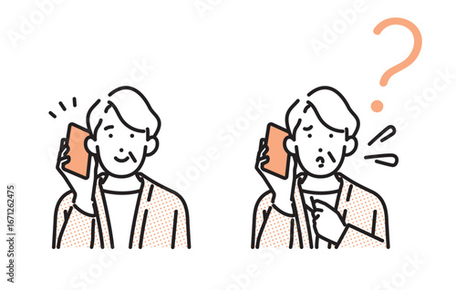 シンプル　イラスト　スマホで通話するシニアの女性　人物