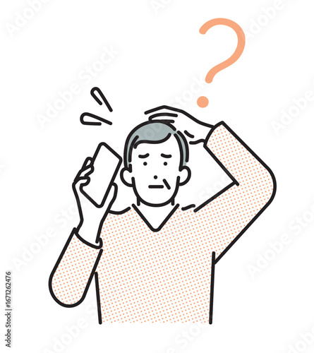 シンプル　イラスト　スマホを持って焦っているシニアの男性　人物