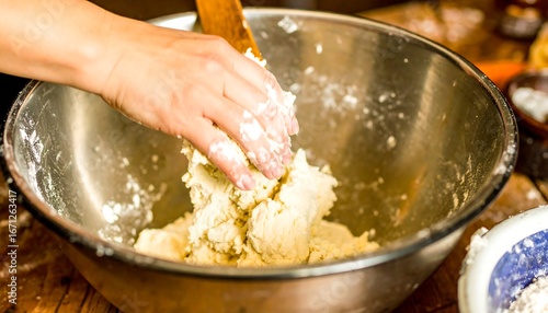 A person's hand mixes dough in a metal bowl with a wooden spoon