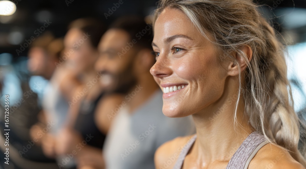 Obraz premium Portraits of happy women in the gym highlight their smiles, reflecting the fulfillment and happiness that come from embracing an active lifestyle.