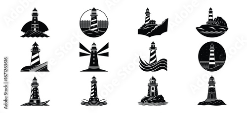 Collection of twelve different lighthouse illustrations in black and white vector format