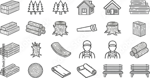 Woodworking and forestry vector icons set lumberjack tools and wood materials