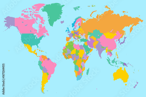 A colorful illustration of the world map with all countries clearly visible