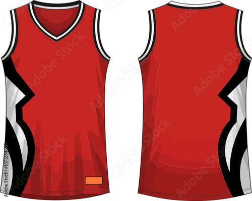Basketball Jersey Mockup Front and Back View of a Sleeveless Athletic Shirt with Red, Black, and White Accents
