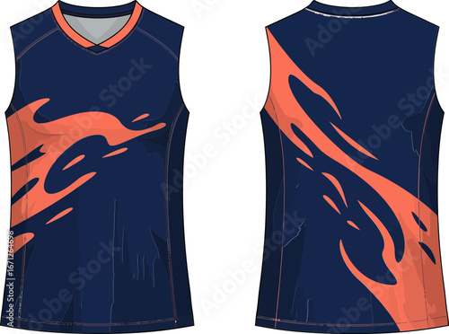 Sleeveless athletic top with abstract orange design, perfect for sports and active lifestyle apparel, showcasing a modern and dynamic fashion statement