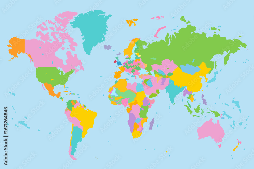 Obraz premium A colorful illustration of the world map with various countries in different colors