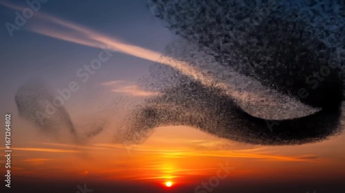 Mesmerizing swarm: A dynamic murmuration of starlings creating shapes against a fiery sunset sky