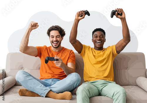 Vector art of two joyful friends celebrating victory while playing video games on a couch
