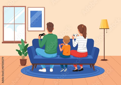 Vector art of family playing video games together on the couch, enjoying leisure time and bonding at home, casual weekend activity