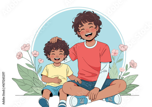 Vector art of two happy brothers sitting together outdoors with flowers and leaves, smiling and laughing in a joyful moment