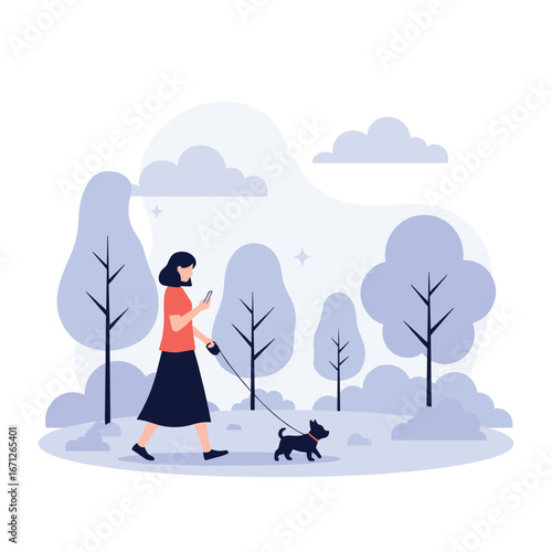 Enjoying a peaceful park stroll with a beloved pet while staying connected with a smartphone.