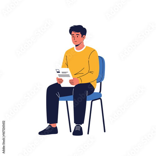 Young man patiently waits for job interview holding resume in modern office setting