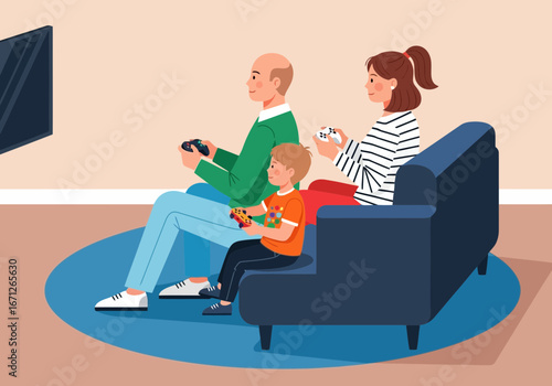 Vector art of family playing video games together on the couch, enjoying leisure time and bonding over interactive entertainment