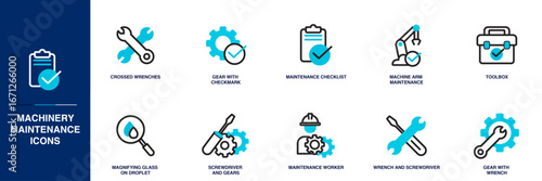 Machinery Maintenance Blue Colored Outline Icon Set