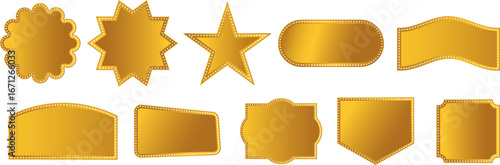 Golden shapes, starbursts, star shapes, banners, labels, stickers, tags, badges, elements, design, decoration, and graphics