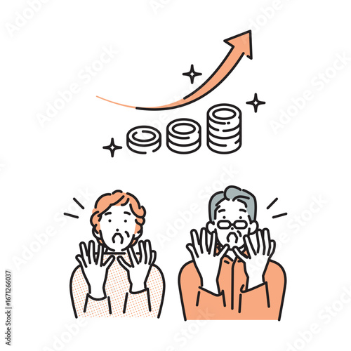 シンプル　イラスト　資産運用がうまくいって驚くシニアの男女　人物