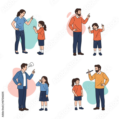 Parents scolding children, demonstrating discipline and family conflict scenes in modern illustration style.