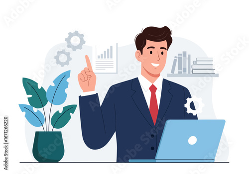 Vector art of a smiling businessman in a suit points upwards with his index finger while sitting at a desk with a laptop and a plant, symbolizing ideas and success in business