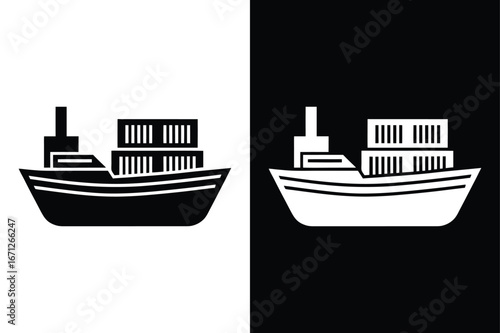 Simple Cargo Ship Icon. Black and White Vessel Illustration