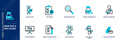 Genetics and DNA Blue Colored Outline Icon Set