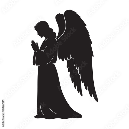 Vector art of silhouette of a praying angel with wings, embodying faith, hope, and divine grace in a spiritual and religious illustration