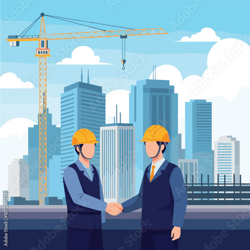 Confident engineers shake hands at construction site with city skyline and crane background