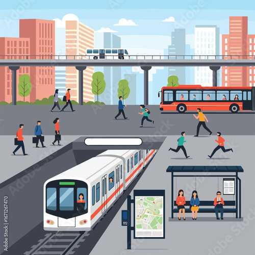 People rushing to catch public transport like trains and buses in a busy city station