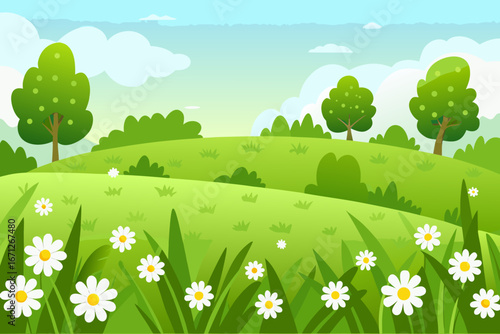 A serene cartoon landscape with rolling hills and white daisies in the foreground