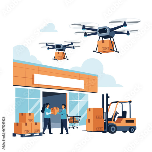 Modern logistics in action drones deliver packages to warehouse workers using forklift
