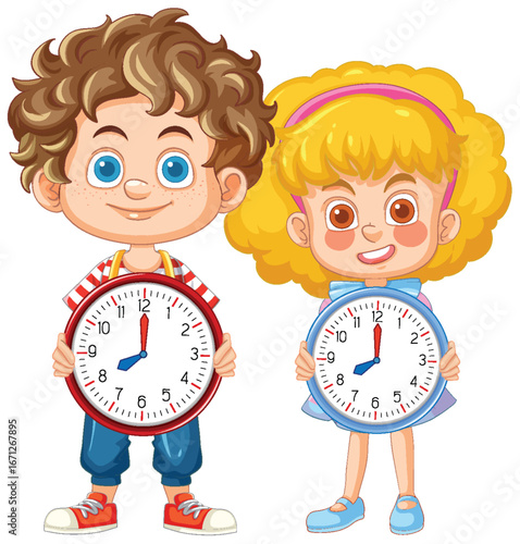 Children Holding Clocks Learning to Tell Time