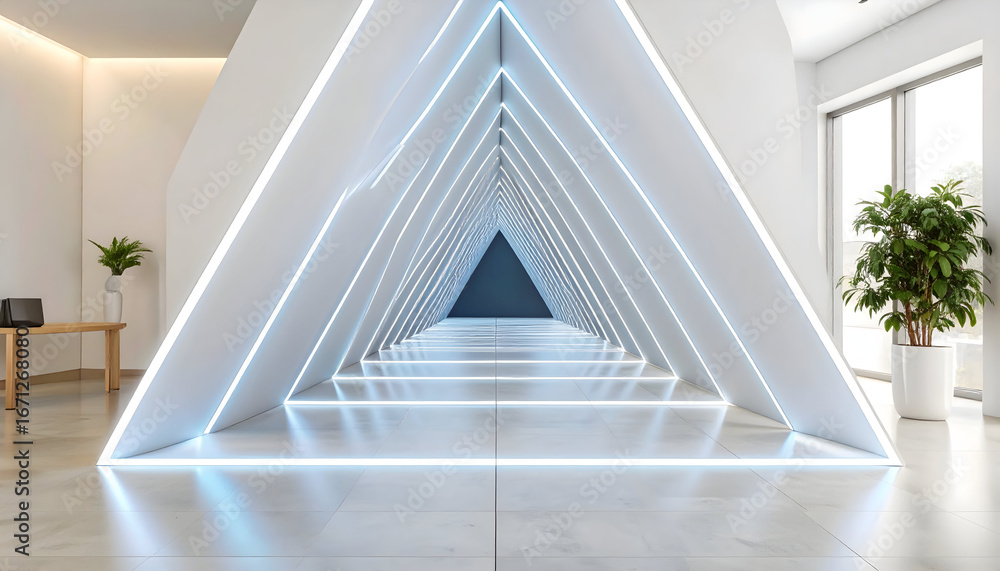 Obraz premium Futuristic White Triangle Tunnel With Glowing Lights