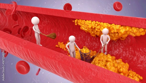 3D medical illustration of humanoid figures cleaning cholesterol plaque inside the artery