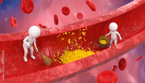 3D medical illustration of humanoid figures cleaning cholesterol plaque inside the artery