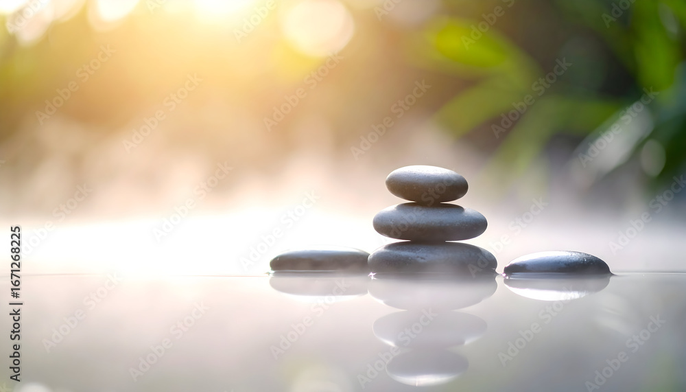 Obraz premium Serene Stacked Stones in Misty Water with Soft Sunlight