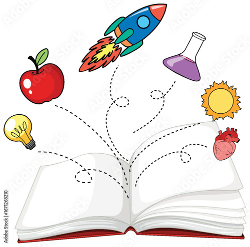 Open Book with Science and Education Icons Emerging