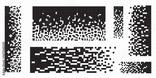 Cube pixel pattern transitions with monochrome square elements dissolving from black blocks into white fragments. Digital halftone effects of geometric dissolution textures for modern graphic design