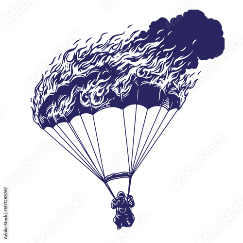 Dramatic silhouette illustration of parachuting skydiver falling through flames in artistic style