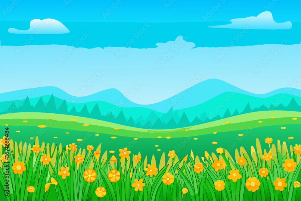 Fototapeta premium a field of yellow flowers under a blue sky with white clouds