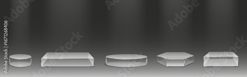 Museum glass box platforms with square, circular and hexagon shapes for display showcases. Transparent pedestals or exhibition reflective bases for gallery presentations and collectibles.